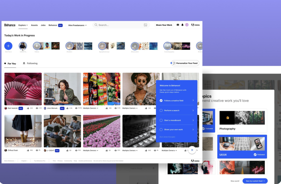 Behance UI replication showing portfolio layout with improved visual hierarchy and user experience