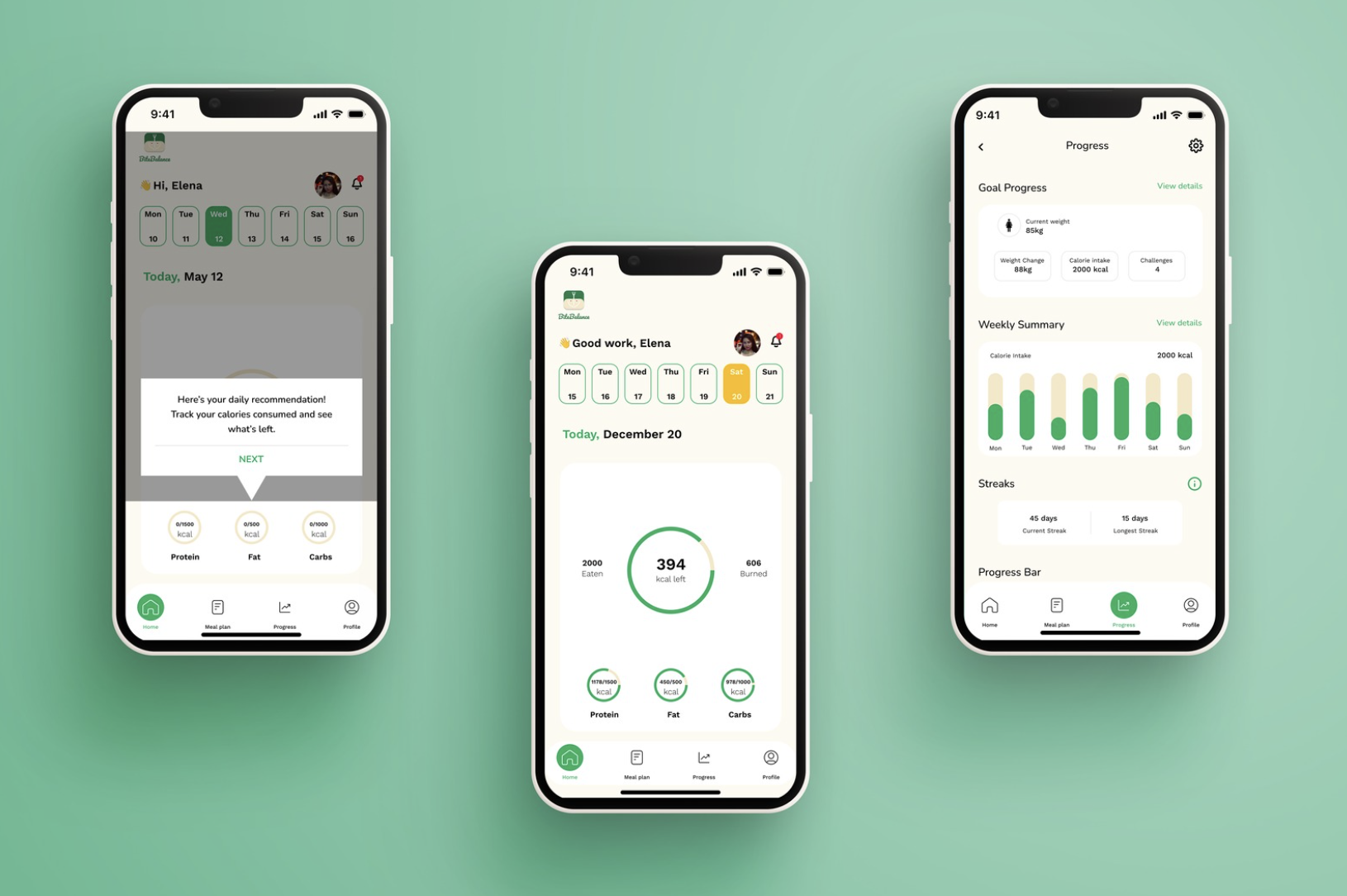 BiteBalance mobile app interface showing nutrition tracking screens with clean, user-friendly design