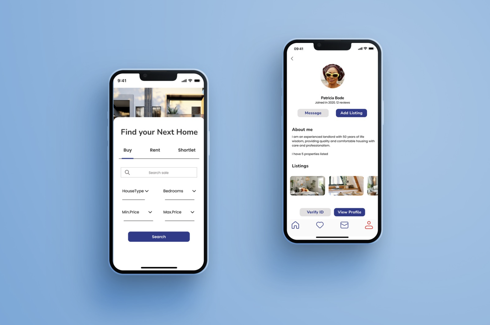 Homely real estate app interface displaying property listings with images, prices, and location details